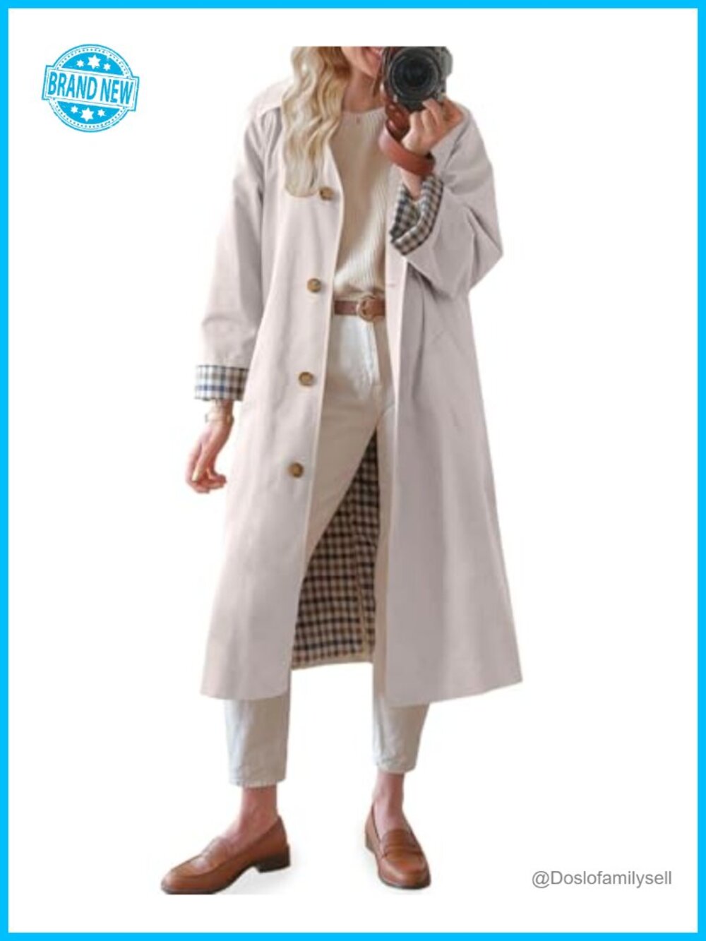 Long Trench Coat Classic Collar Single Breasted Loose Fit Fall Outerwear